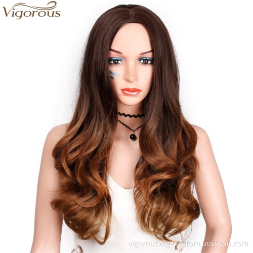 Vigorous Long Curly Wavy Dark Dark Blonde Wigs Middle Part Heat Resistant Glamorous Wig Synthetic Daily Party Women Wig